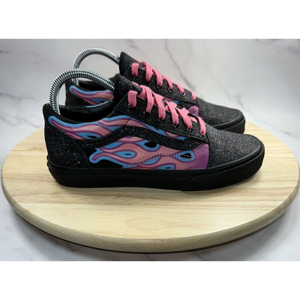 VANS Authentic Kids Size 6 Black Pink Flame Glitter Canvas Skate Shoes 721278